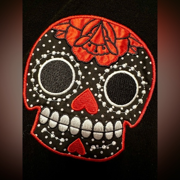 Too Fast Black and Red & Black Sugar Skull Cardigan Sweater Medium - Picture 3 of 5